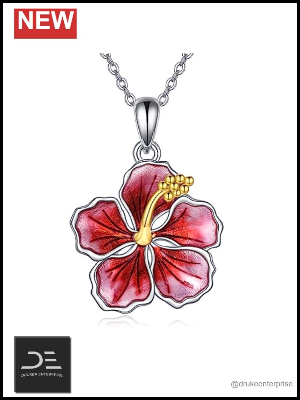 Sterling Silver Hibiscus Flower Pendant Necklace Enamel 18k Gold Plated Women